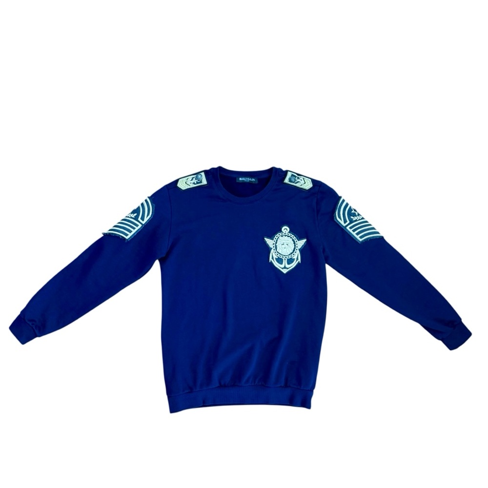 Balmain Navy Naval Captain Crewneck Sweater in Navy Blue